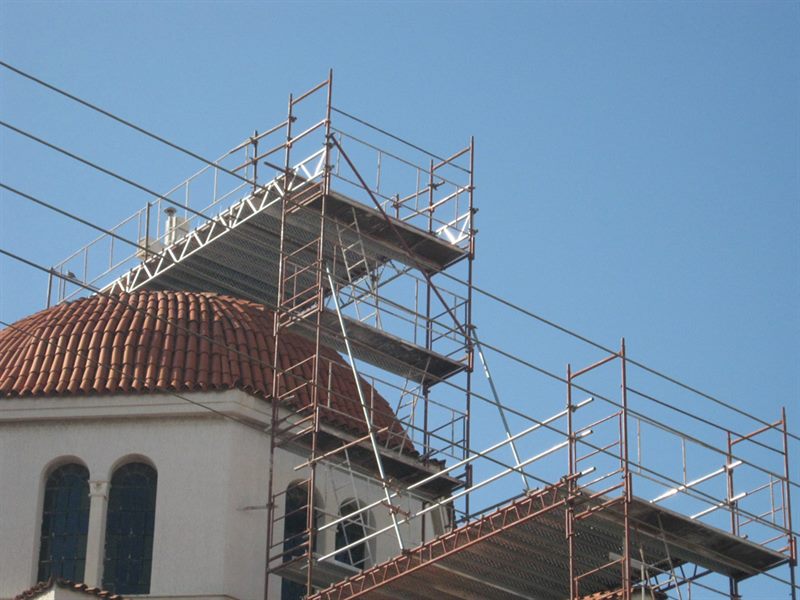 Exterior scaffolding on a church dome