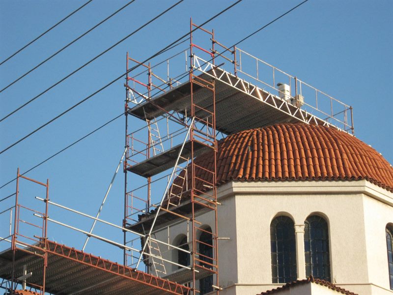 Exterior scaffolding on a church dome