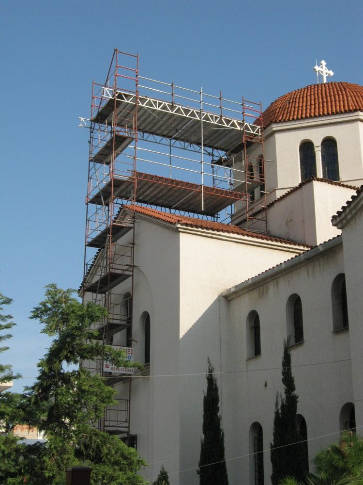 Exterior scaffolding on a church dome