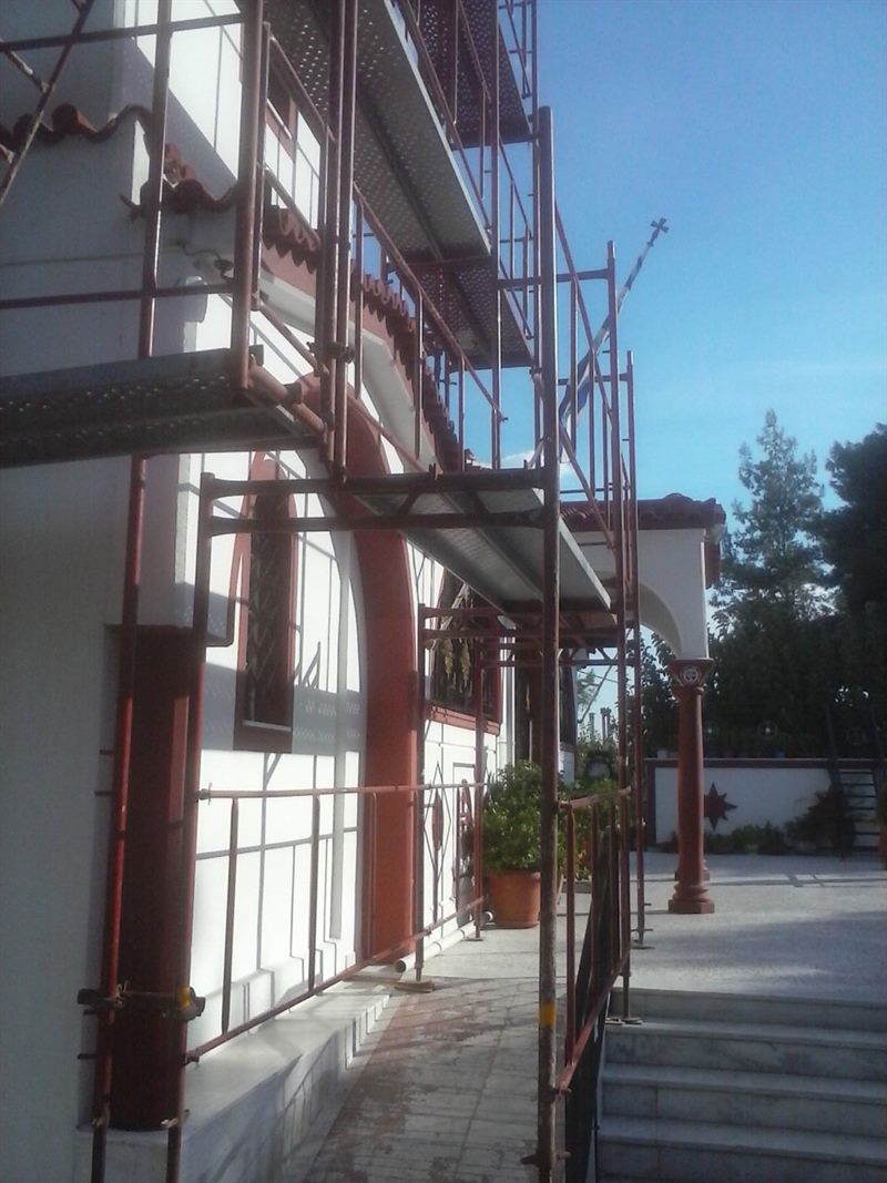 Scaffolding on a church bell tower