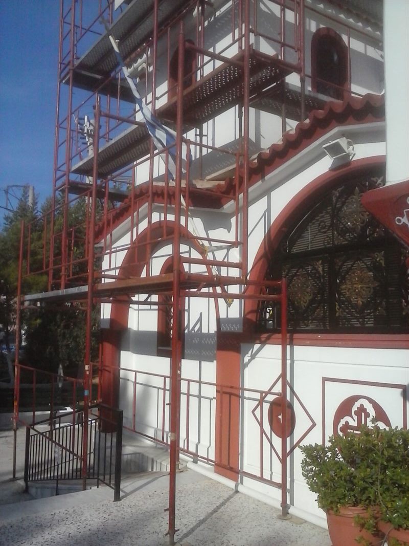 Scaffolding on a church bell tower