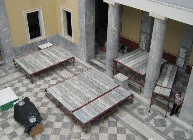 Interior work platform in a marble hall