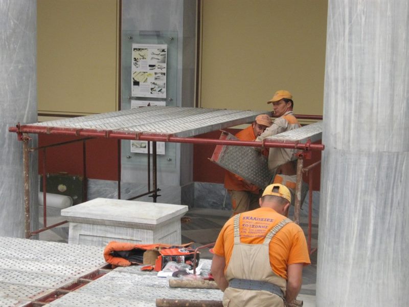 Interior work platform in a marble hall