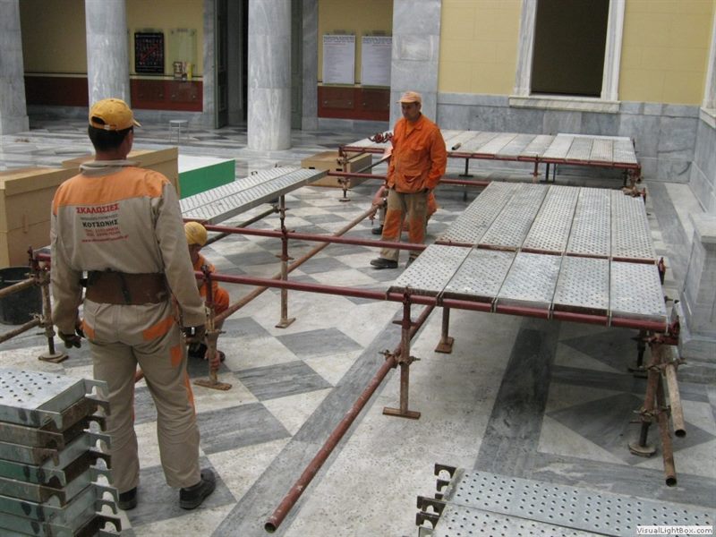 Interior work platform in a marble hall
