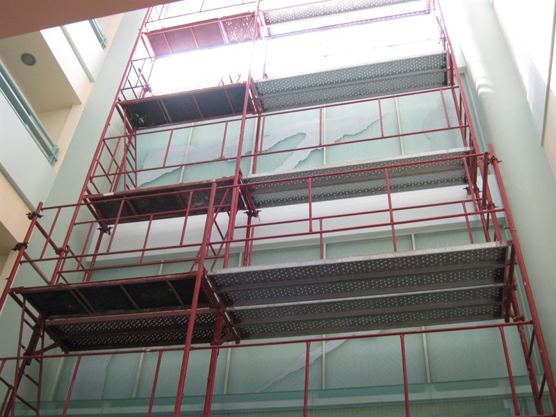 Interior scaffolding in a building atrium
