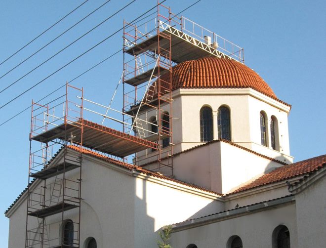 Scaffolding on a church bell tower