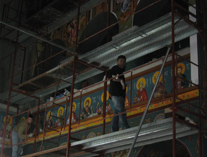 Scaffolding for icon painting in a church