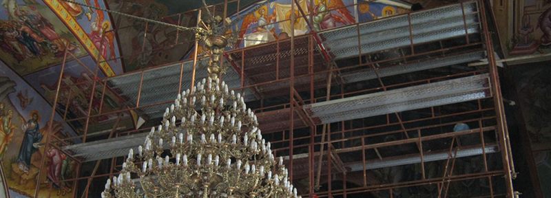 Scaffolding around a church chandelier