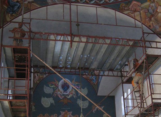 Scaffolding inside a church dome