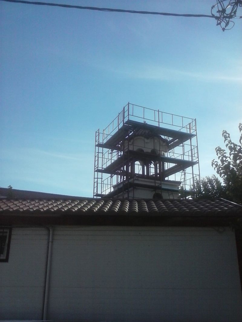 Scaffolding on a church bell tower