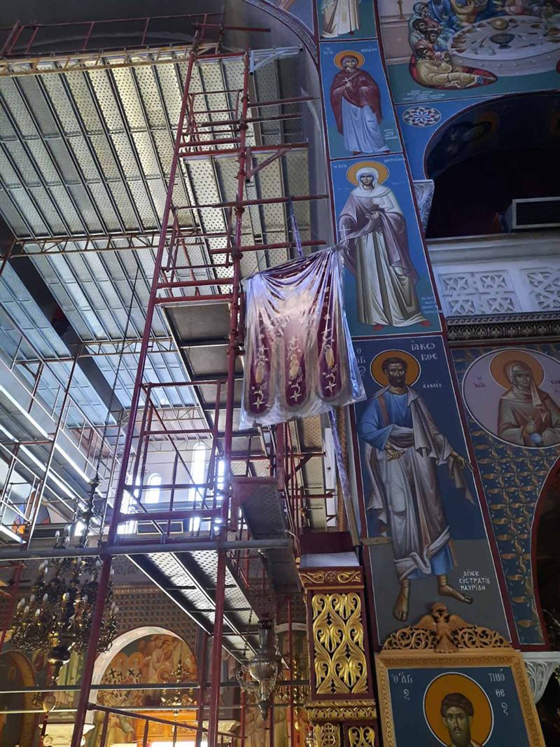 Scaffolding around a church chandelier
