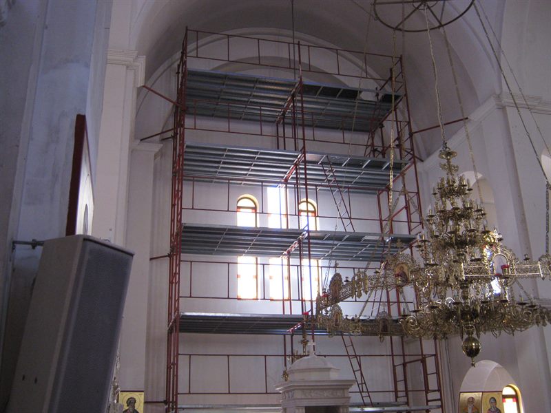 Scaffolding around a church chandelier