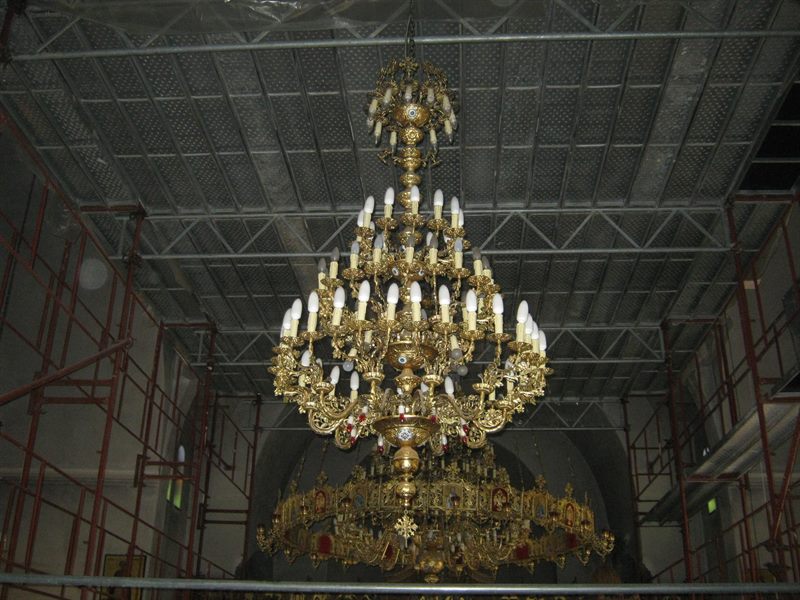 Scaffolding around a church chandelier