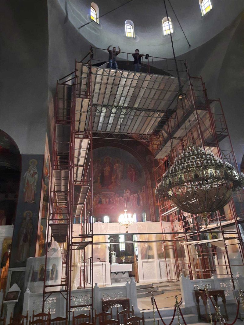 Scaffolding inside a church dome