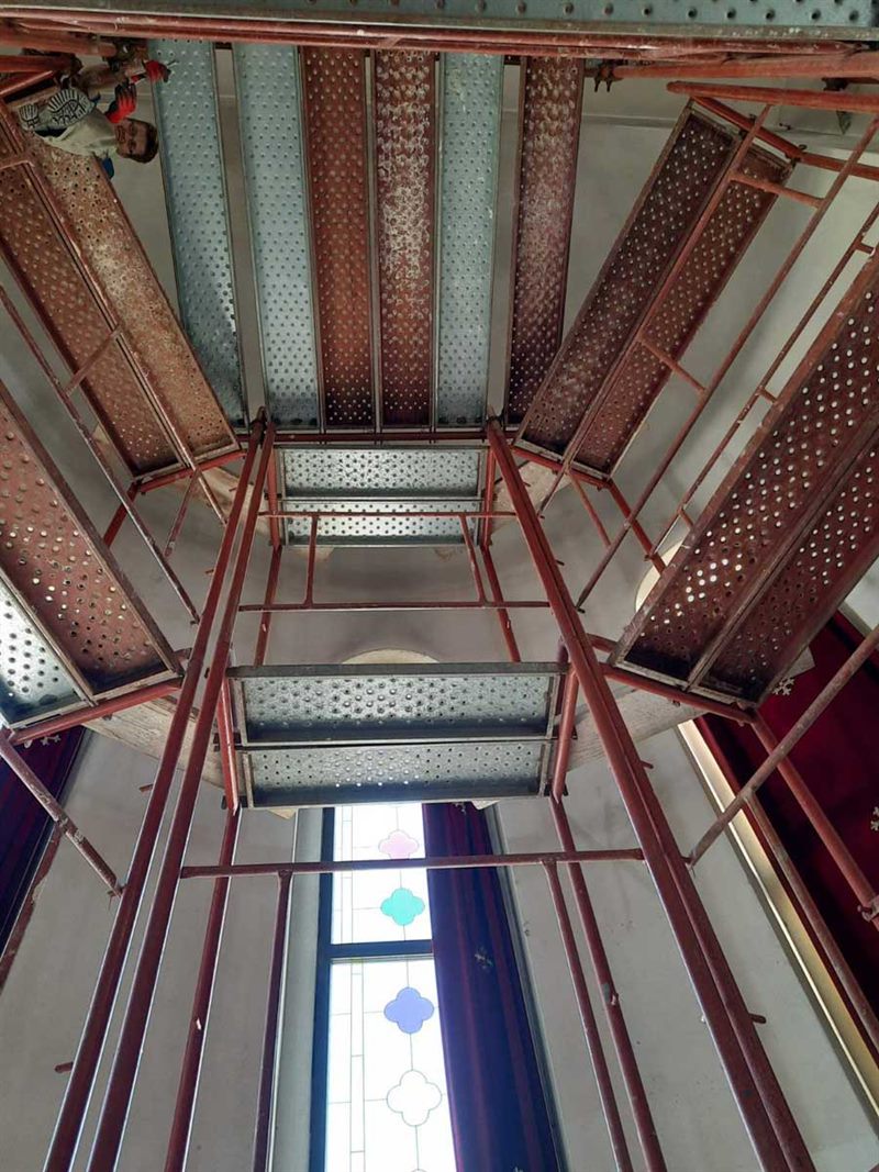 Scaffolding inside a church dome