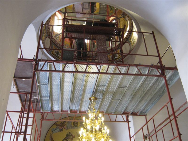 Scaffolding inside a church dome