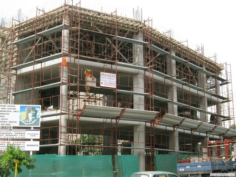 Scaffolding on a building frame under construction