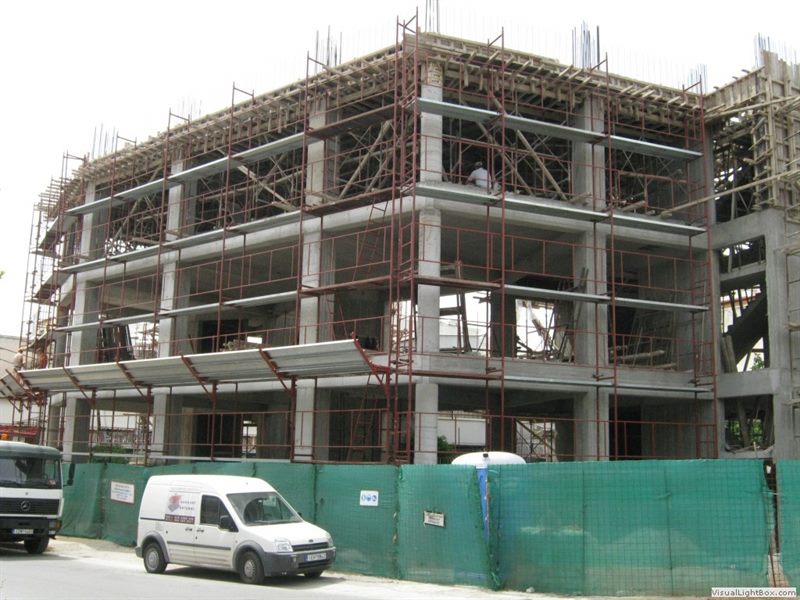 Scaffolding on a building frame under construction