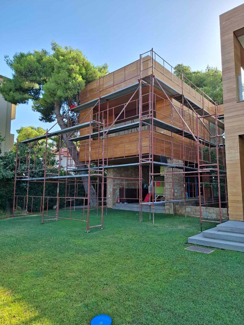 Scaffolding on a modern residence in Ilion