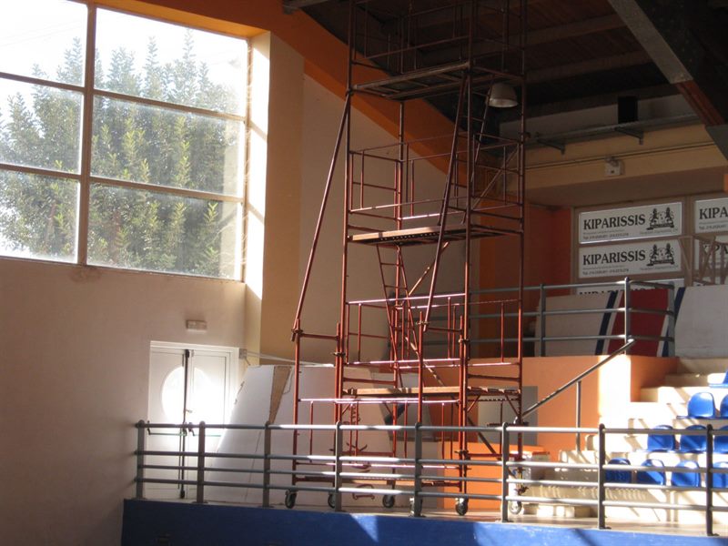 Scaffolding inside an indoor sports hall