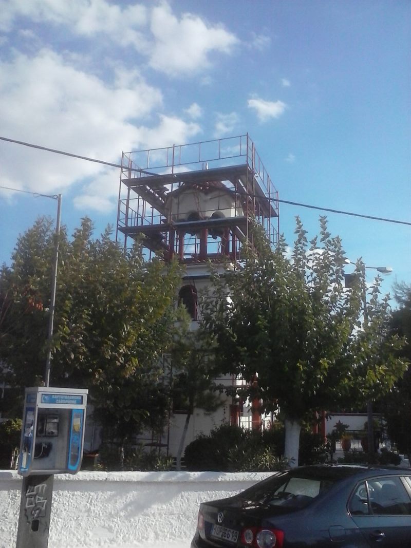 Scaffolding on a church bell tower